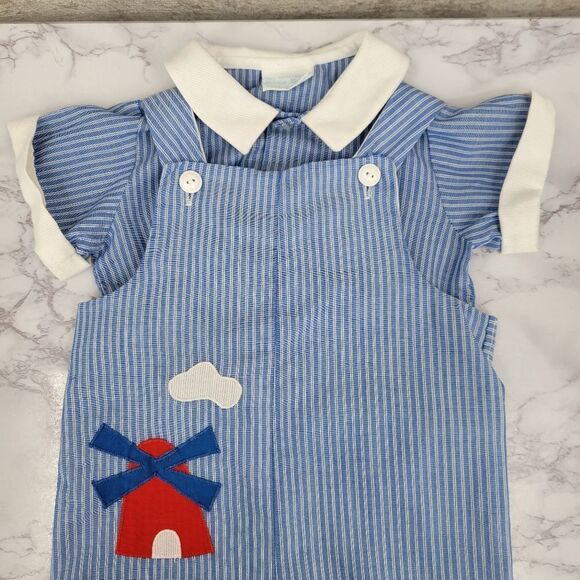 Neiman Marcus Betti Terrell Vintage Blue Striped Baby Romper Windmill Design - Picture 3 of 13
